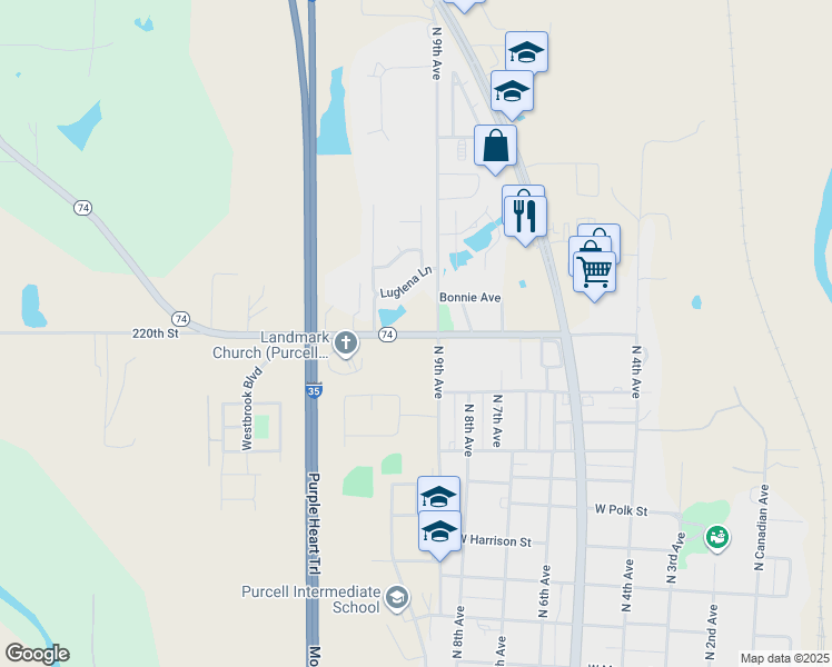map of restaurants, bars, coffee shops, grocery stores, and more near 906 West Grant Street in Purcell