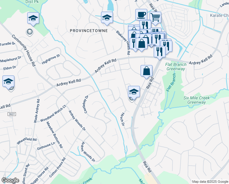map of restaurants, bars, coffee shops, grocery stores, and more near 9119 Castlebay Drive in Charlotte