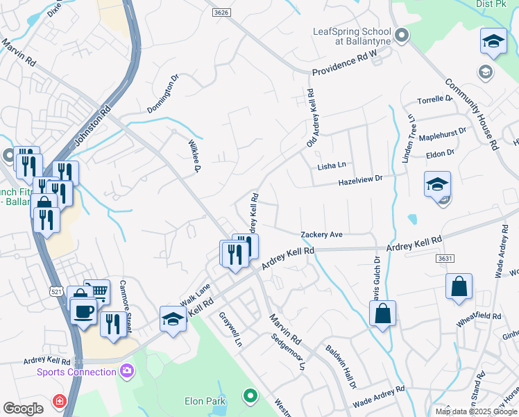 map of restaurants, bars, coffee shops, grocery stores, and more near 16800 Brandon Brook Drive in Charlotte