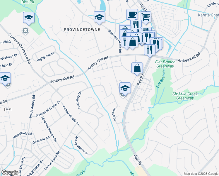map of restaurants, bars, coffee shops, grocery stores, and more near 8517 Albury Walk Lane in Charlotte