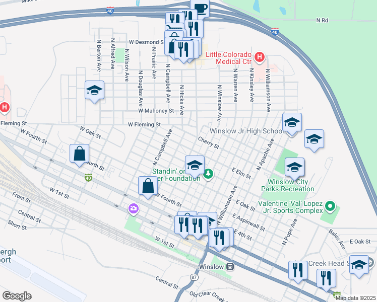 map of restaurants, bars, coffee shops, grocery stores, and more near 401 West Elm Street in Winslow