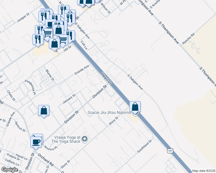 map of restaurants, bars, coffee shops, grocery stores, and more near 503 Haley Court in Nipomo