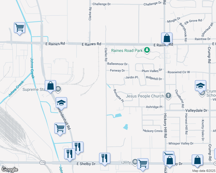 map of restaurants, bars, coffee shops, grocery stores, and more near 4367 Clarke Road in Memphis