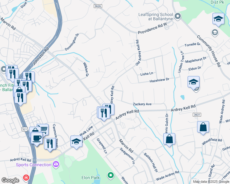 map of restaurants, bars, coffee shops, grocery stores, and more near 16800 Brandon Brook Drive in Charlotte