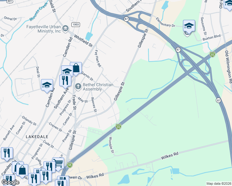 map of restaurants, bars, coffee shops, grocery stores, and more near 1508 Gillespie Street in Fayetteville
