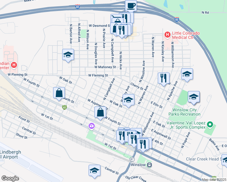 map of restaurants, bars, coffee shops, grocery stores, and more near 504 West Maple Street in Winslow