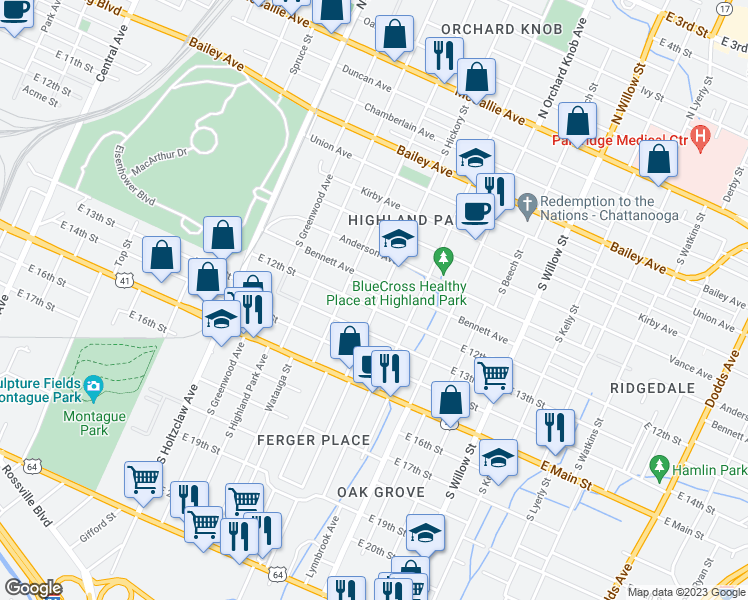 map of restaurants, bars, coffee shops, grocery stores, and more near 1705 East 12th Street in Chattanooga