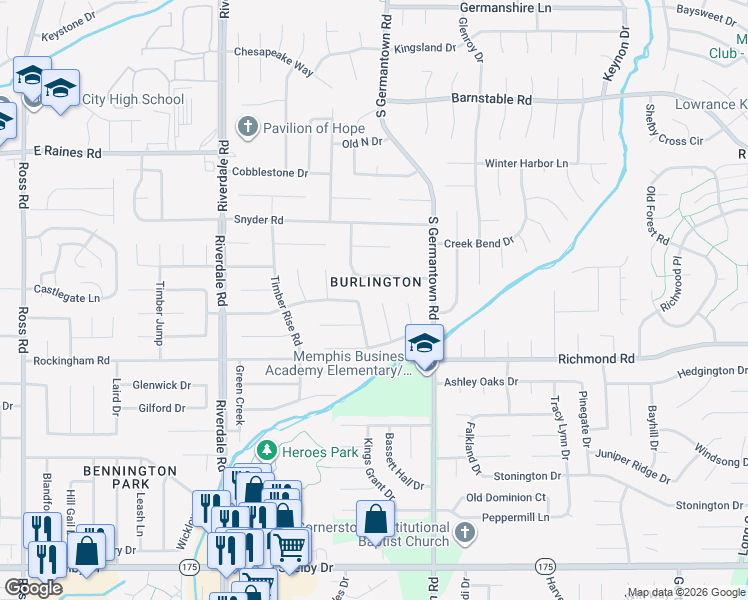 map of restaurants, bars, coffee shops, grocery stores, and more near 4359 Spring Oak Cove in Memphis