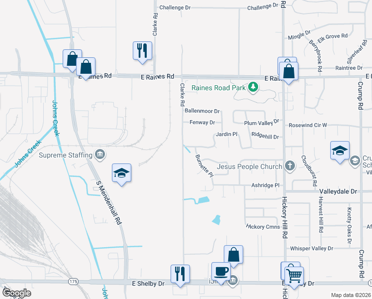 map of restaurants, bars, coffee shops, grocery stores, and more near 4367 Clarke Road in Memphis