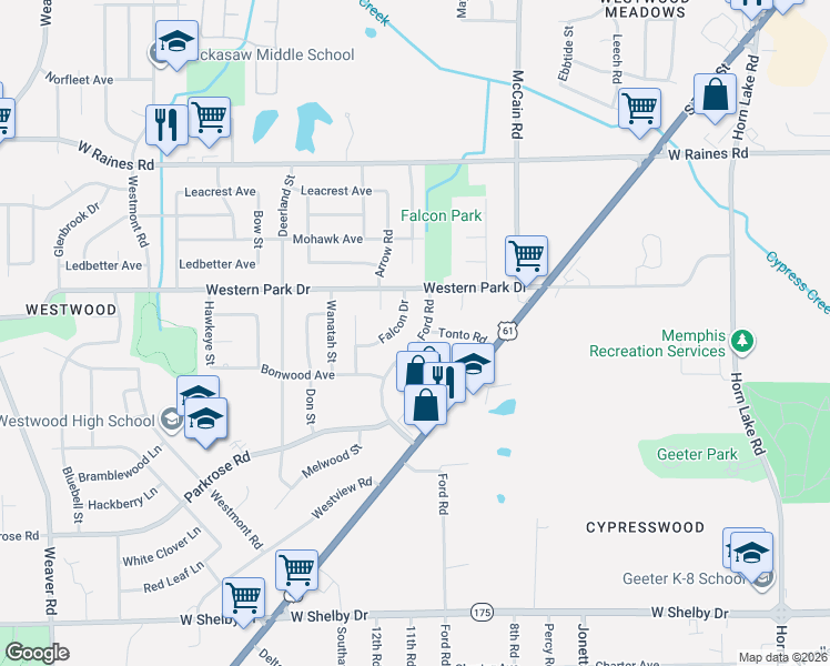 map of restaurants, bars, coffee shops, grocery stores, and more near 4363 Ford Road in Memphis