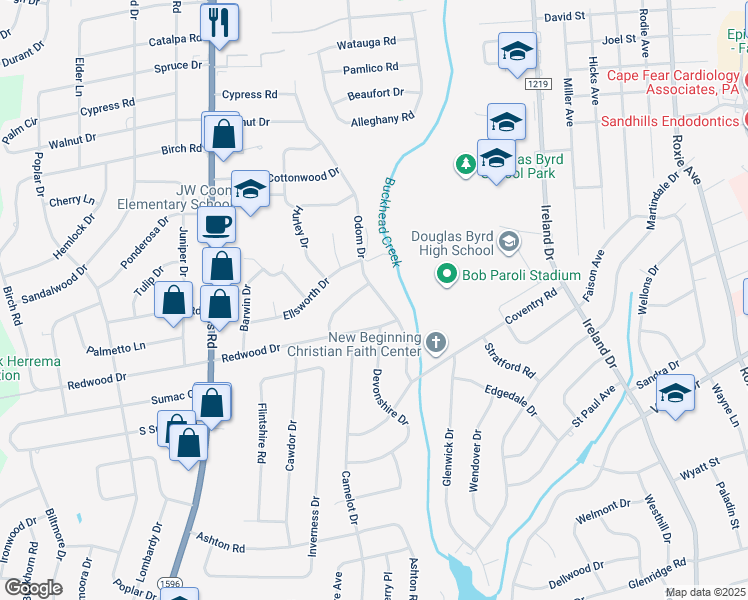 map of restaurants, bars, coffee shops, grocery stores, and more near 1104 Odom Drive in Fayetteville