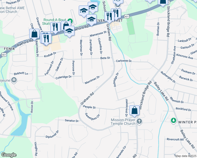 map of restaurants, bars, coffee shops, grocery stores, and more near 2016 Merrimac Drive in Fayetteville