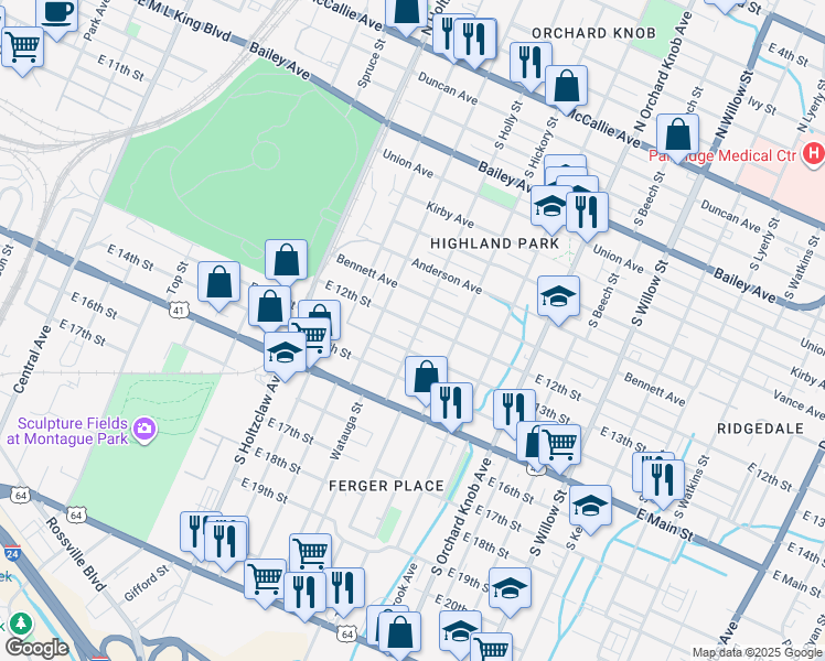 map of restaurants, bars, coffee shops, grocery stores, and more near 1606 East 12th Street in Chattanooga
