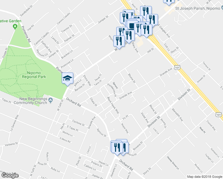 map of restaurants, bars, coffee shops, grocery stores, and more near 271 Ponderosa Place in Nipomo