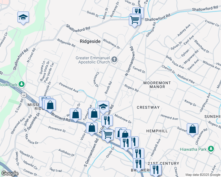 map of restaurants, bars, coffee shops, grocery stores, and more near 386 Booth Road in Chattanooga