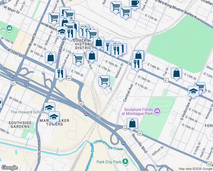 map of restaurants, bars, coffee shops, grocery stores, and more near 624 East 19th Street in Chattanooga