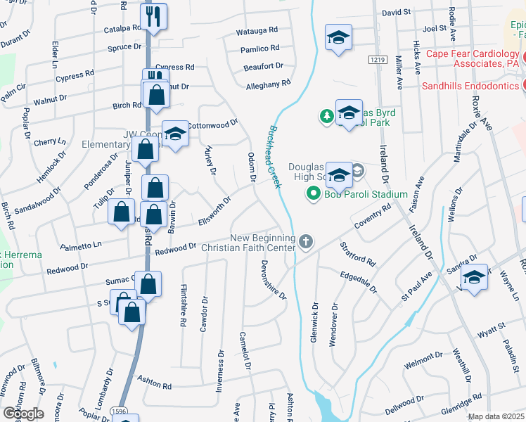 map of restaurants, bars, coffee shops, grocery stores, and more near 1104 Odom Drive in Fayetteville
