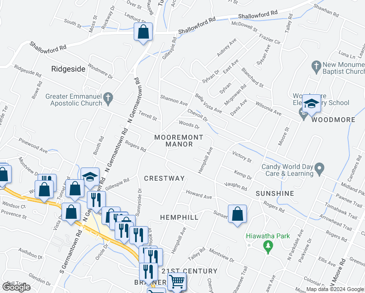 map of restaurants, bars, coffee shops, grocery stores, and more near 602 Mooremont Terrace in Chattanooga