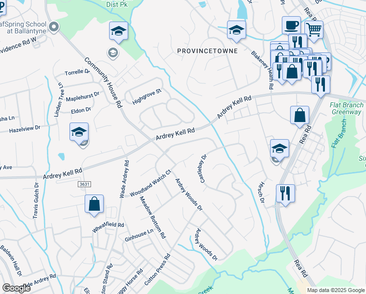 map of restaurants, bars, coffee shops, grocery stores, and more near 8705 Tamarron Drive in Charlotte