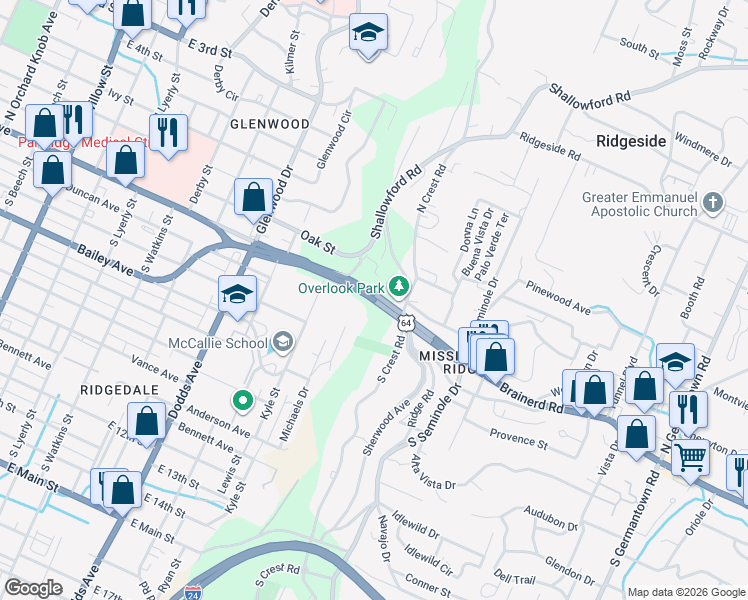 map of restaurants, bars, coffee shops, grocery stores, and more near 3100 Brainerd Road in Chattanooga