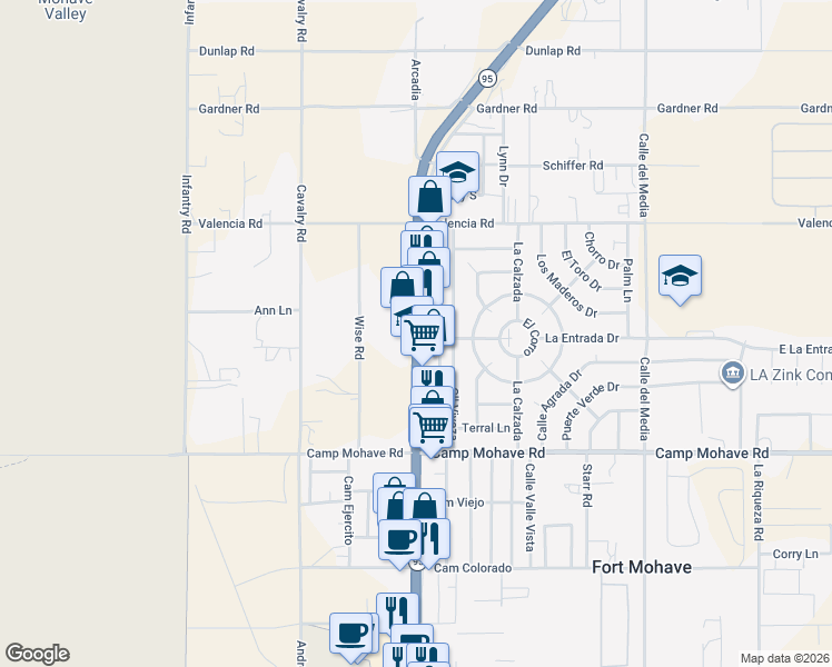 map of restaurants, bars, coffee shops, grocery stores, and more near 4379 Mohave Valley Highway in Fort Mohave