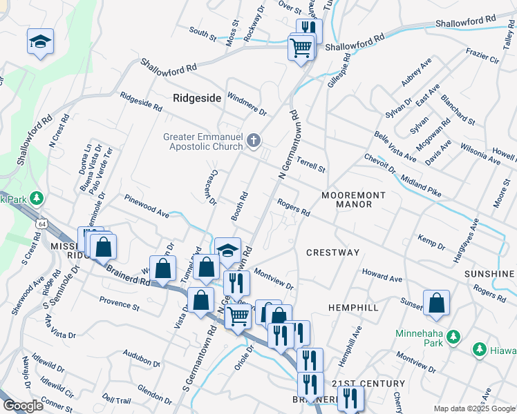 map of restaurants, bars, coffee shops, grocery stores, and more near 315 North Germantown Road in Chattanooga