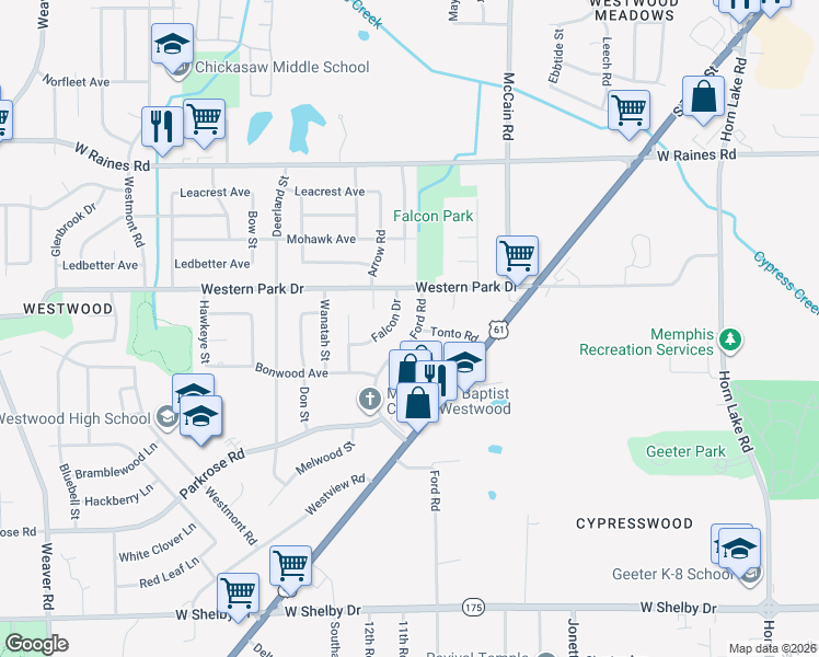 map of restaurants, bars, coffee shops, grocery stores, and more near 4363 Ford Road in Memphis