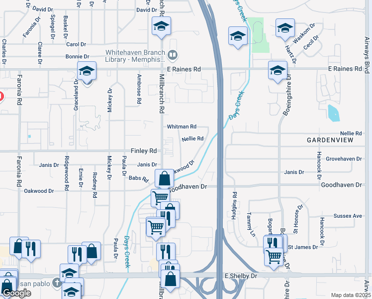 map of restaurants, bars, coffee shops, grocery stores, and more near 4367 Gardenview Drive in Memphis
