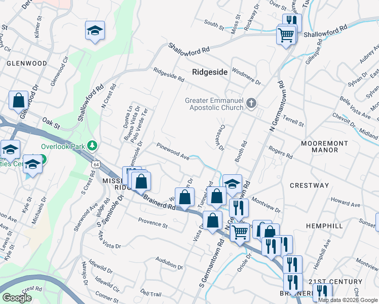 map of restaurants, bars, coffee shops, grocery stores, and more near 3341 Pinewood Avenue in Chattanooga