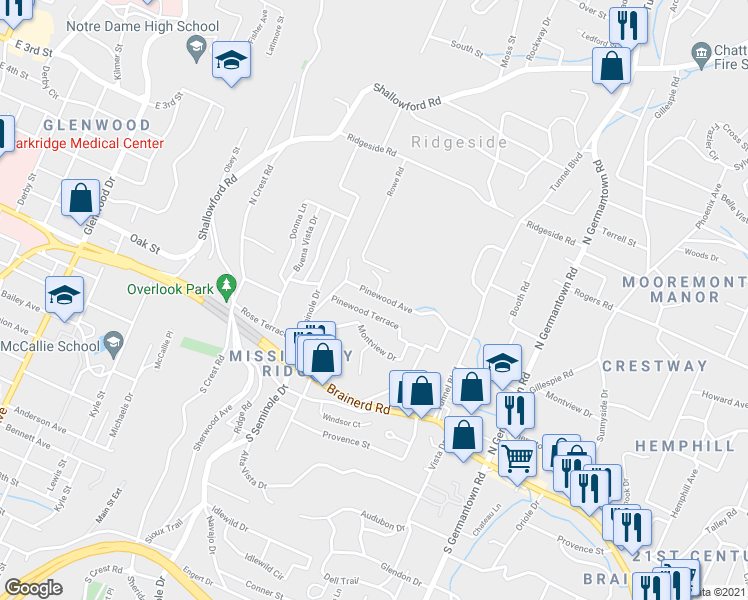 map of restaurants, bars, coffee shops, grocery stores, and more near 3315 Pinewood Terrace in Chattanooga