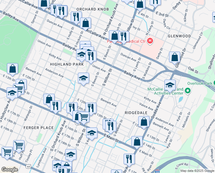 map of restaurants, bars, coffee shops, grocery stores, and more near 2113 Vance Avenue in Chattanooga