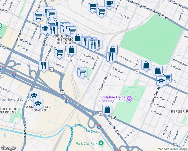 map of restaurants, bars, coffee shops, grocery stores, and more near 1845 Central Avenue in Chattanooga