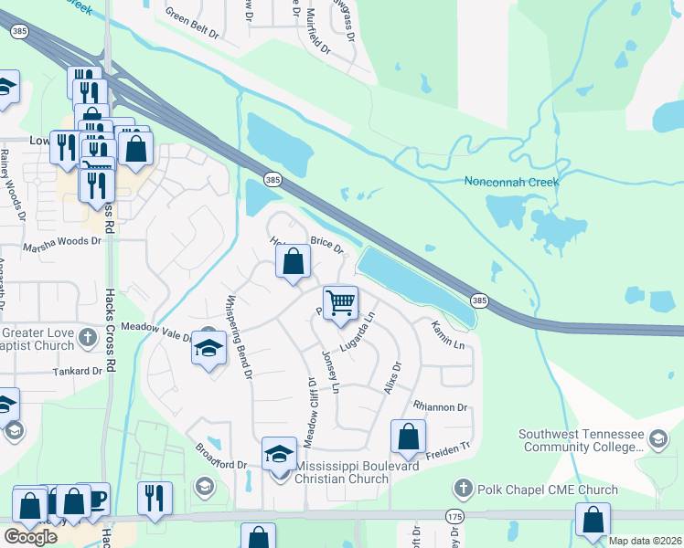 map of restaurants, bars, coffee shops, grocery stores, and more near 8325 Meadow Vale Drive in Memphis