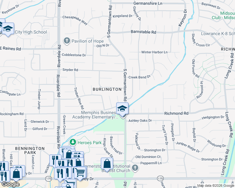 map of restaurants, bars, coffee shops, grocery stores, and more near 4350 Oak Chase Cove in Memphis