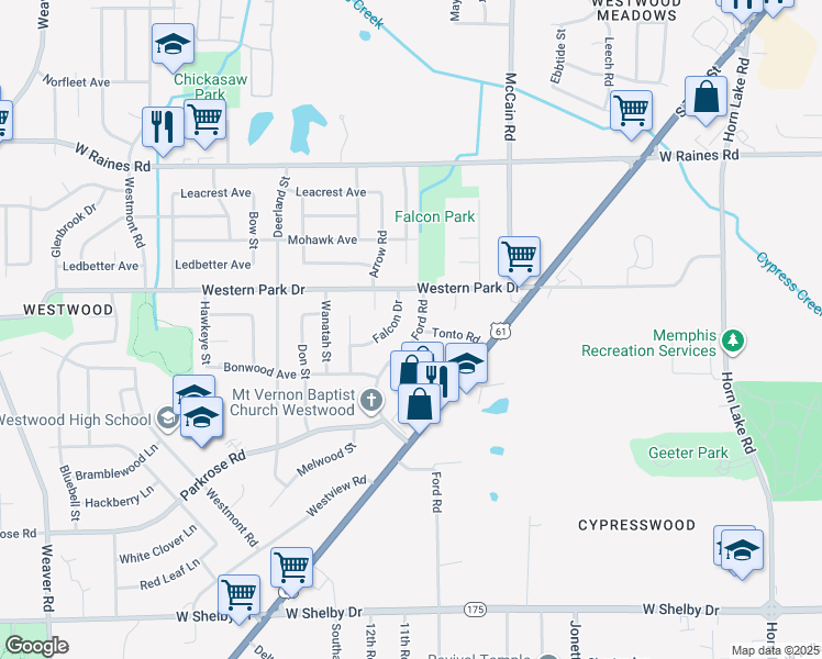 map of restaurants, bars, coffee shops, grocery stores, and more near 4363 Ford Road in Memphis