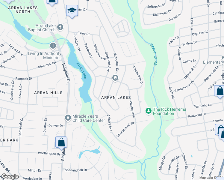 map of restaurants, bars, coffee shops, grocery stores, and more near 5804 McDougal Drive in Fayetteville