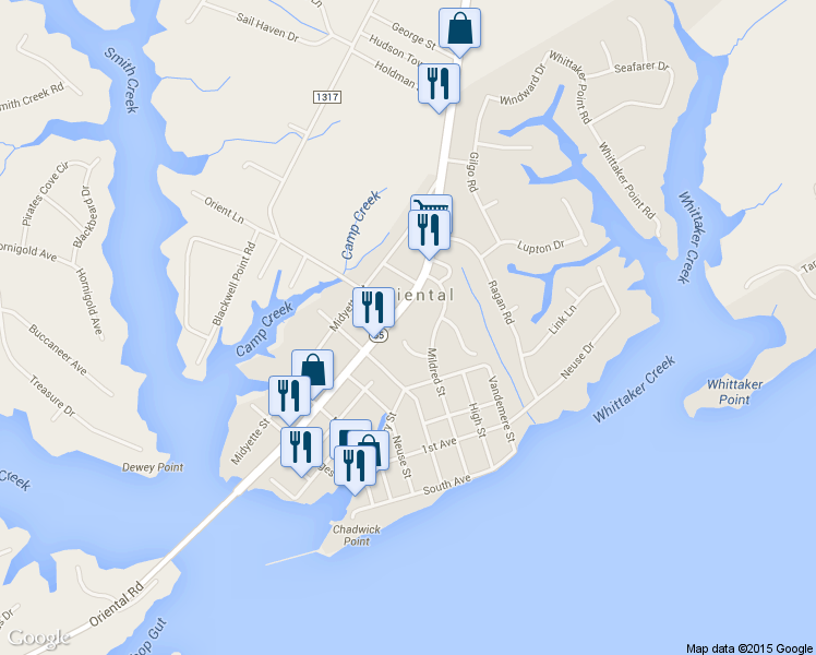 map of restaurants, bars, coffee shops, grocery stores, and more near 102 Apple Lane in Oriental