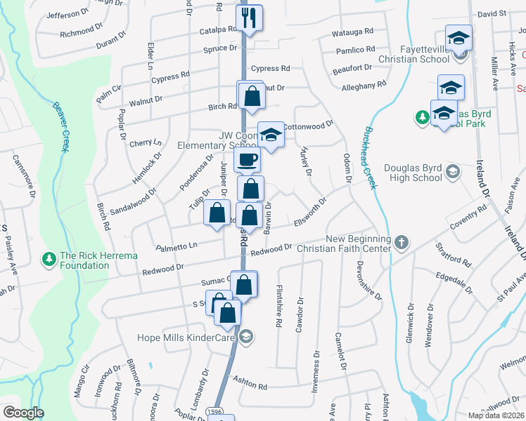 map of restaurants, bars, coffee shops, grocery stores, and more near 1114 Barwin Drive in Fayetteville
