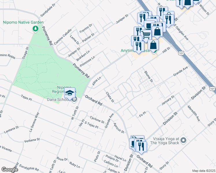 map of restaurants, bars, coffee shops, grocery stores, and more near 828 Tanis Place in Nipomo