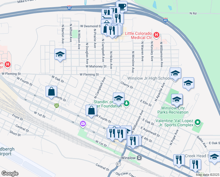map of restaurants, bars, coffee shops, grocery stores, and more near 401 West Elm Street in Winslow