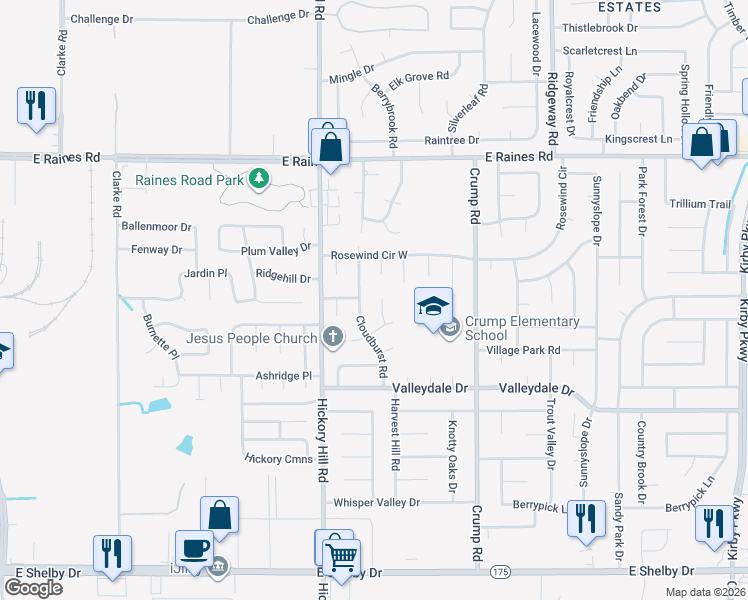 map of restaurants, bars, coffee shops, grocery stores, and more near 4358 North Cherry Creek Lane in Memphis