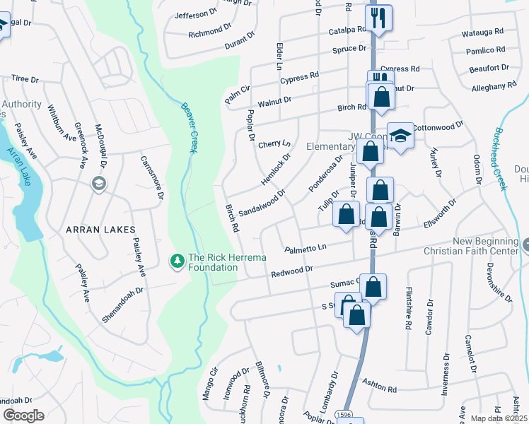 map of restaurants, bars, coffee shops, grocery stores, and more near 1011 Sandalwood Drive in Fayetteville