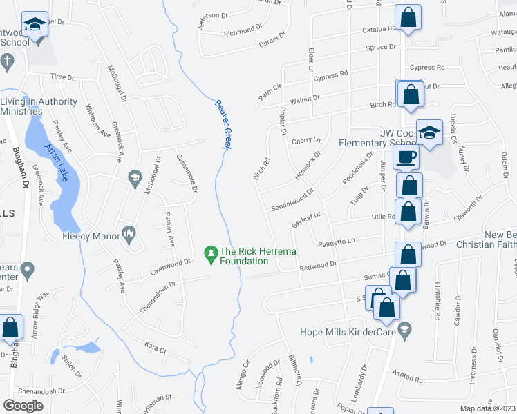 map of restaurants, bars, coffee shops, grocery stores, and more near 5506 Birch Road in Fayetteville