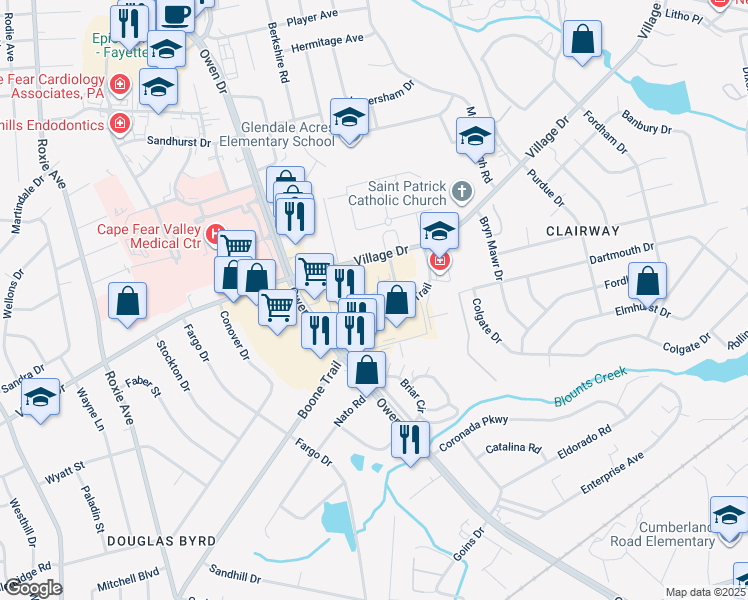map of restaurants, bars, coffee shops, grocery stores, and more near 3040 Boone Trail Exd in Fayetteville