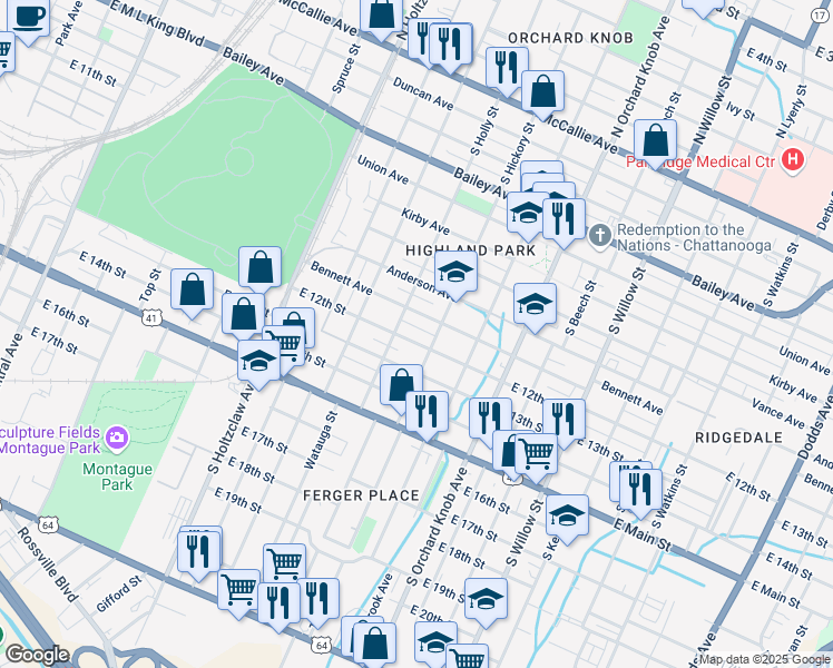 map of restaurants, bars, coffee shops, grocery stores, and more near 1606 East 12th Street in Chattanooga