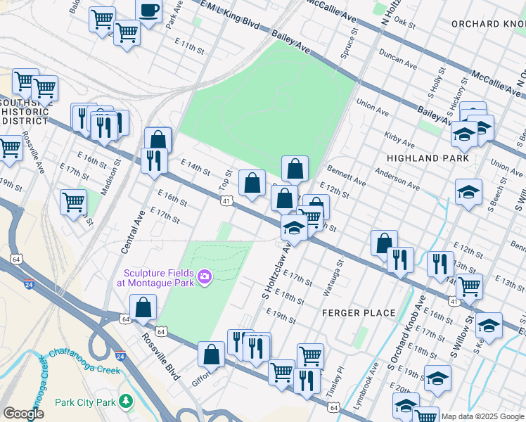 map of restaurants, bars, coffee shops, grocery stores, and more near in Chattanooga