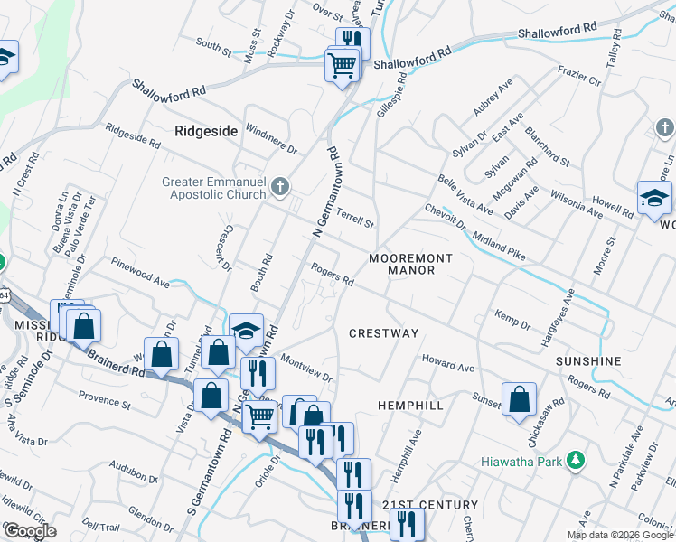 map of restaurants, bars, coffee shops, grocery stores, and more near 3617 Rogers Road in Chattanooga