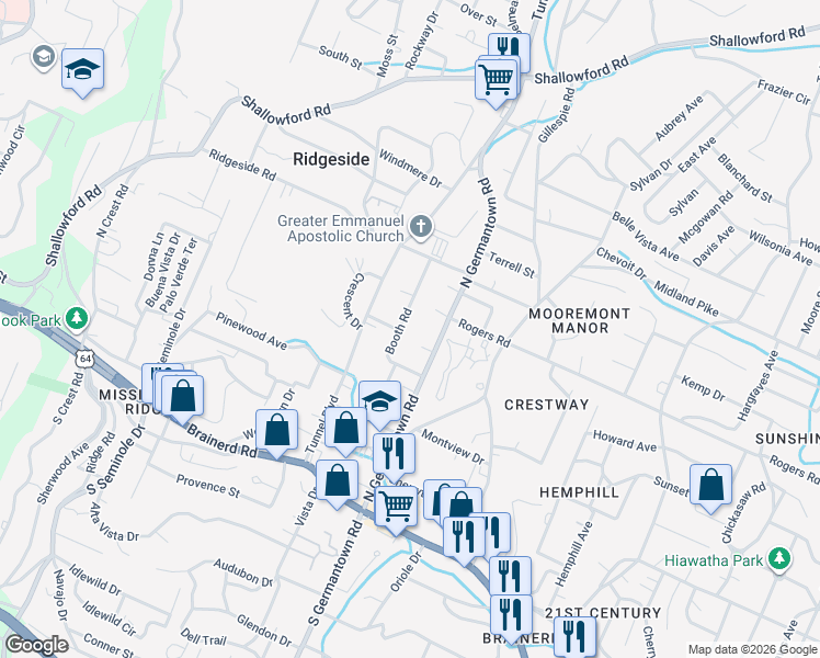 map of restaurants, bars, coffee shops, grocery stores, and more near 298 Booth Road in Chattanooga