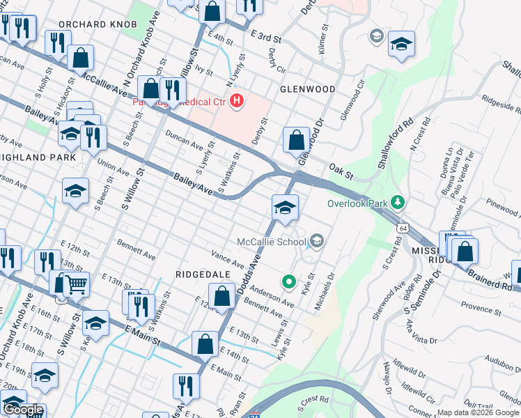 map of restaurants, bars, coffee shops, grocery stores, and more near 2518 Bailey Avenue in Chattanooga