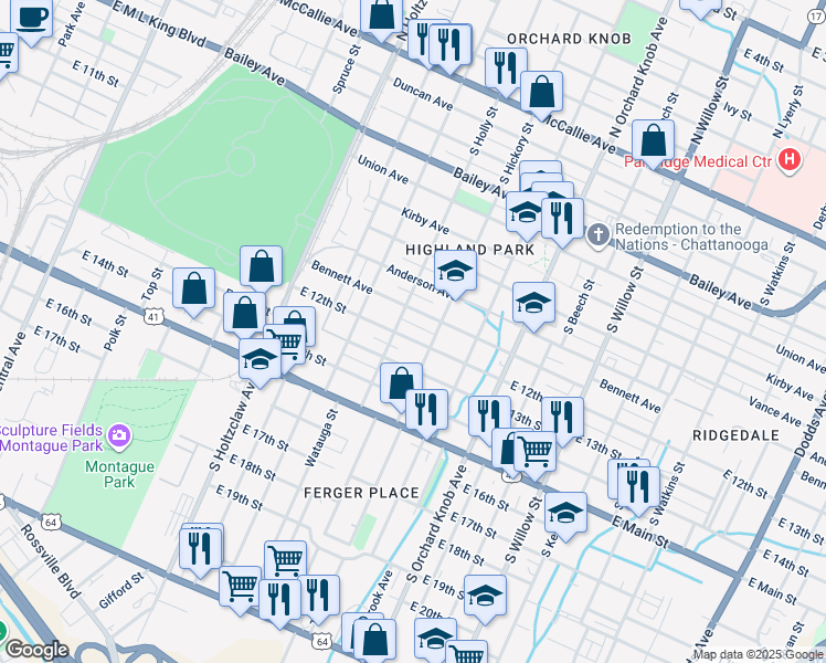 map of restaurants, bars, coffee shops, grocery stores, and more near 1606 East 12th Street in Chattanooga